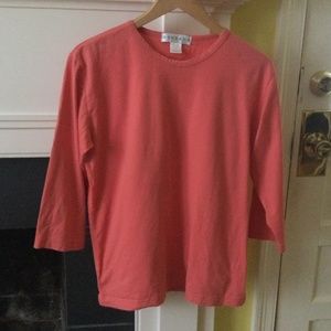 Bordado 3/4 Sleeve Knit Top Tee Pima Cotton Salmon Coral Pink - Sz Large
